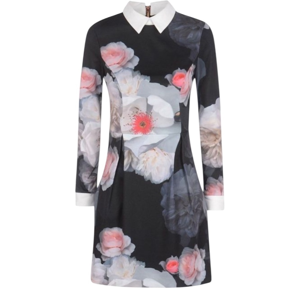 Ted Baker London Black Floral Long Sleeve Dress with White Collar